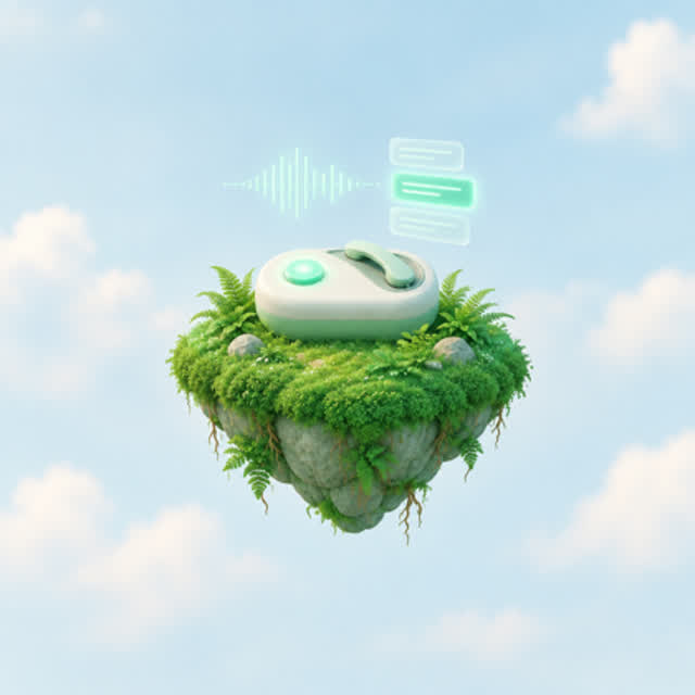 A small mint console on a floating islet with a handset and a thin waveform hovering above it.