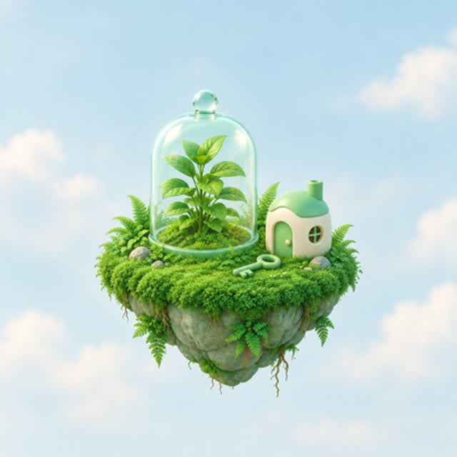 A tiny floating islet: a leafy plant under a glass cloche, a small house with a mint roof and a key on the moss.