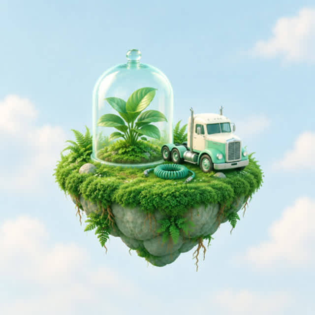 A tiny floating islet: a hardy plant under a glass cloche and a small mint-and-cream truck cab parked on the moss.