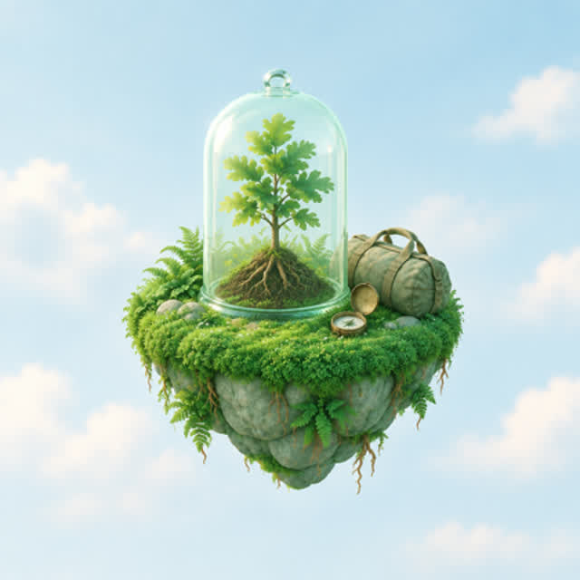 A tiny floating islet: an oak sapling under a glass cloche, a canvas duffel and an open compass on the moss.