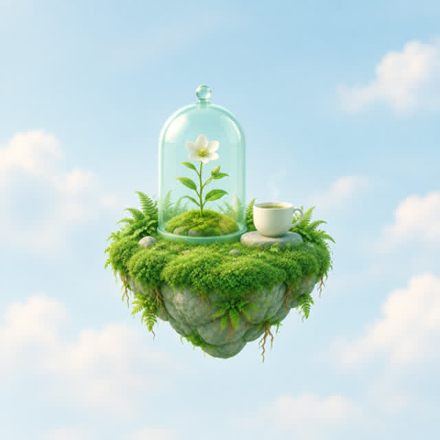 A tiny floating islet: a single white flowering plant under a glass cloche and a warm ceramic cup on a stone.